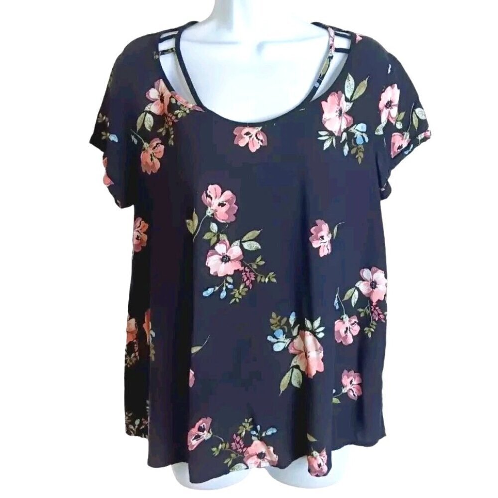 SO Tee Shirt Top Blouse M Short Sleeve Floral LIGHTWEIGHT‎ Black Pink Keyhole